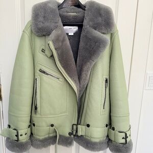 The Arrivals Moya V Mint Green Sheepskin Leather and Gray Shearling Coat - Size